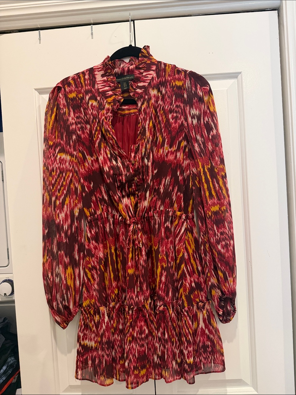 House of Harlow 1960 Red and Yellow Ikat-Print Ruffle Tie-Waist Tunic